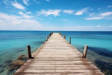 Fototapeta premium Wooden pier over the clean blue sea or ocean on sunny summer day