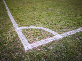 Lawn soccer pitch showing the chalk mark for a corner. Soccer field in spring.
