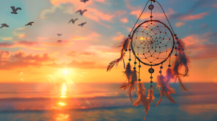 Dreamcatcher at Sunset,   dream catchers hanging on beach at sunset, ocean on background, Dream catcher with feathers threads and beads rope hanging at sunset with flying birds - obrazy, fototapety, plakaty