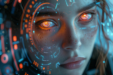 A young woman looks forward, her vision augmented by innovative, high-tech glasses against a bokeh light background..