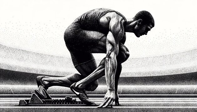 A pointillism style depiction of a sprinter at the starting blocks, poised and ready to launch forward at the sound of the gun.
