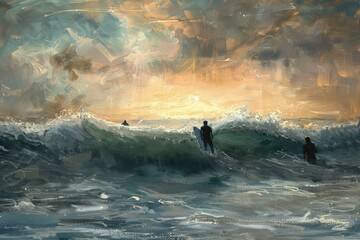 a painting of two people standing on surfboards in the ocean