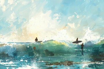 a painting of two people on surfboards in the ocean
