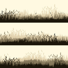 Obraz premium Meadow silhouettes with grass, plants on plain. Panoramic summer lawn landscape with herbs, various weeds. Herbal border, frame. Nature background. Brown horizontal banner. Vector illustration