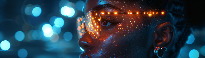 A young woman looks forward, her vision augmented by innovative, high-tech glasses against a bokeh light background..