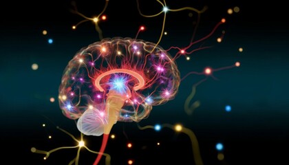 A detailed illustration of the brain's cerebral cortex with a network of neurons firing and electric bursts at the synapses, set against a dark backgr.