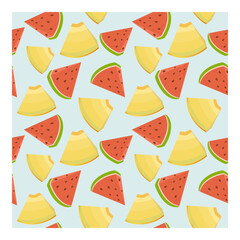 Modern pattern of watermelon and melon pieces, with pieces of ice on a blue background. Vector illustration of fabric, paper, textile.