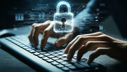 A close-up of hands typing on a keyboard with a translucent overlay of a lock symbol, emphasizing the concept of securing data.