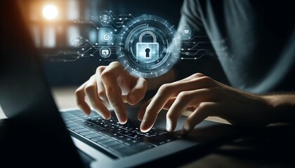 A close-up of a cyber security expert's hands are on a keyboard with a translucent digital overlay of a lock symbol superimposed on the screen, emphas.