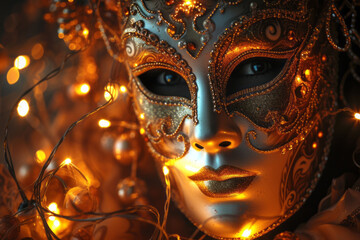 A detailed carnival mask with intricate metallic elements, encircled by shimmering bead strands and lit up by the warm glow of party lights.