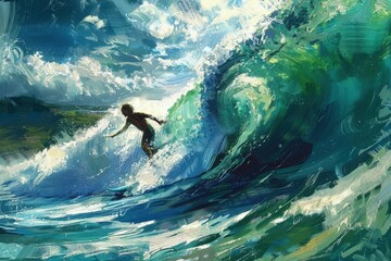 a painting of a surfer riding a large wave - obrazy, fototapety, plakaty