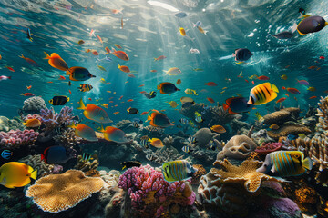 A bustling underwater coral reef ecosystem teeming with colorful tropical fish, showcasing the biodiversity of marine life.. - obrazy, fototapety, plakaty