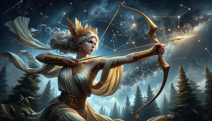 An image capturing Artemis in a dynamic pose as she reaches for an arrow from her golden quiver, with the constellation of Orion subtly included in th.