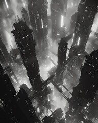 Create a mesmerizing black and white composition of a futuristic robotic society seen from above, highlighting the juxtaposition of technology and decay in a dystopian future - obrazy, fototapety, plakaty