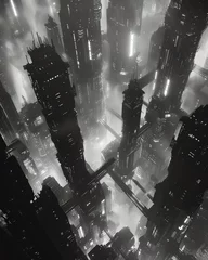 Fotobehang Create a mesmerizing black and white composition of a futuristic robotic society seen from above, highlighting the juxtaposition of technology and decay in a dystopian future © Dinopic 3Ds