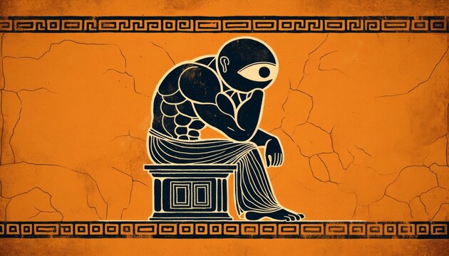 A detailed image of a titan cyclops in the style of ancient Greek art, shown sitting alone in confinement.