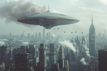 A gritty urban industrial photo capturing a UFO amidst towering skyscrapers and billowing steam from factories.