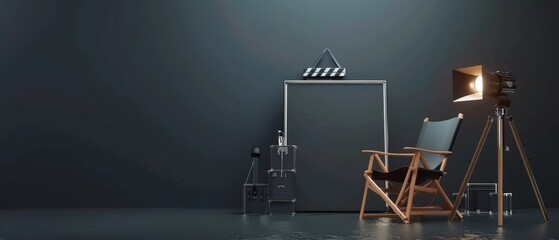 Obraz premium The director's chair, megaphone, and movie clapper on a dark background are rendered in 3D.