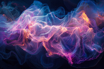 Dynamic abstract composition of swirling neon light waves with vibrant pink and blue hues, conveying motion and energy..