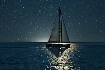 An elegant yacht under a starlit sky, its sails shimmering in the moonlight against calm waters,...