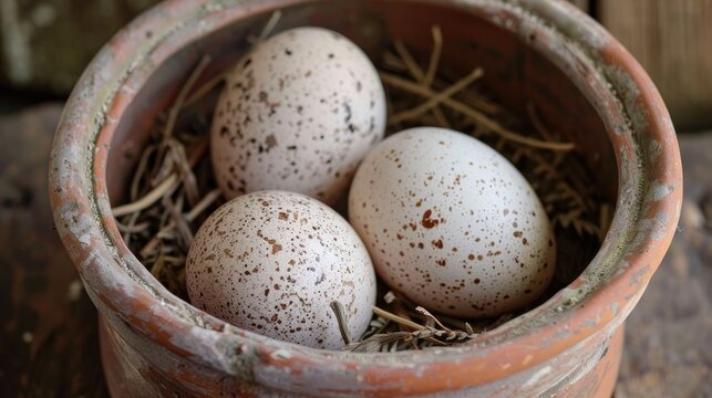 Four eggs of the grey partridge in a clay pot