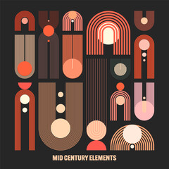 Mid century arch and circle elements, modern geometric shapes. Contemporary design, minimalist art. Trendy design elements for wall decor, posters, books, covers and flyers. Vector illustration