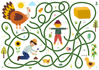 Help mother turkey to find a way to her baby poult. Farm maze activity for kids. Mini game for school and preschool. Vector illustration - 786931116