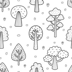 Doodle trees black and white seamless pattern. Cute forest background in outline for kids. Vector illustration - 786931123