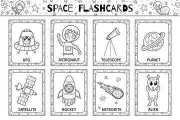 Space flashcards black and white collection with cute planet characters. The Solar System flash cards for coloring in outline. Learn space vocabulary for school and preschool. Vector illustration