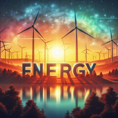 renewable energy with windmill turbine in landscape at sunset and text in 3d 