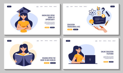 Obraz na płótnie Canvas Set of web pages with women reading book, studying with laptop, staying with graduation cap. Vector illustration. Education, bookstore, knowledge, student concept.