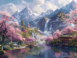 High mountain lakes, pink flowers.