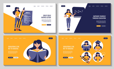 Women with book, graduation cap, huge pencil, blackboard. Flat style vector illustration for education, knowledge, studying, reading, student, teaching concept. Set of web pages.