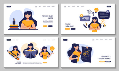 Women with huge pencil, book, educational icons. Flat style vector illustration for education, knowledge, studying, reading, creating concept. Set of web pages.