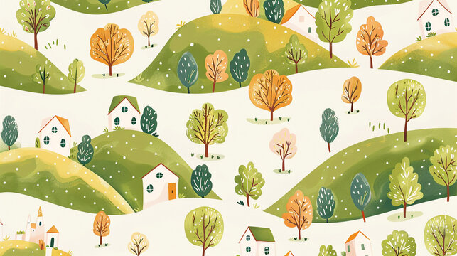 Design a visually captivating seamless pattern background inspired by naive art, featuring whimsical depictions of trees, hills, and houses in a harmonious composition.