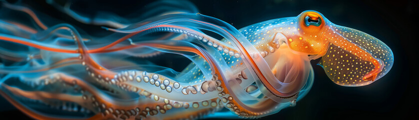 A squid glows with an iridescent sheen, its fins undulating in a mesmerizing dance against the stark contrast of the deep blue sea.. - obrazy, fototapety, plakaty