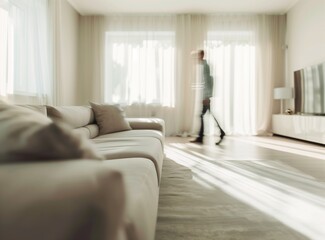 living room with a Blurred man walking in motion, a sofa and TV cabinet, beige walls, large windows, neutral tones, low angle view, the couch, a spacious space for product advertising, long exposure