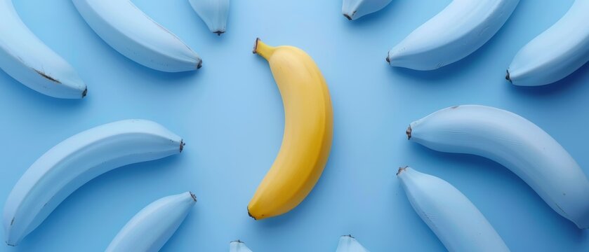 There is a yellow banana in the middle of a blue banana on a pastel blue background. The concept is minimal.