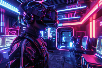 Fototapeta premium An immersive virtual reality gaming hub adorned with high-tech VR headsets, motion capture sensors, and interactive gaming stations. The space pulsates with neon accents.