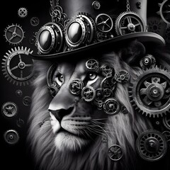 Steampunk male lion wearing a crown and top hat.