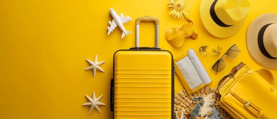 On a yellow background, a yellow suitcase with travel accessories is laid out flat with travel accessories.