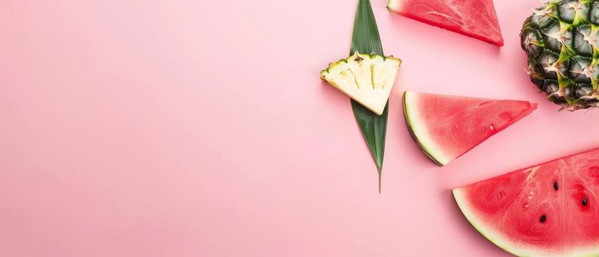 The image is of a watermelon sliced and a pineapple leaf on a pastel pink background. The design is minimal and creative.