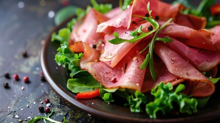 Thinly cut ham served on top of a bed of greens - obrazy, fototapety, plakaty
