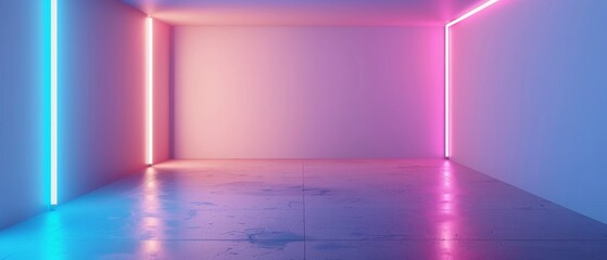 A 3D rendering of an empty pastel studio room with a neon tube hanging on the wall as a backdrop.
