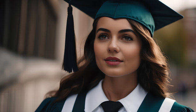 Young female graduate in cap and gown graduating college university with bachelors masters diploma