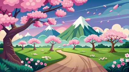  cherry-blossom-in-the-spring-season-landscape-vector background illustration 