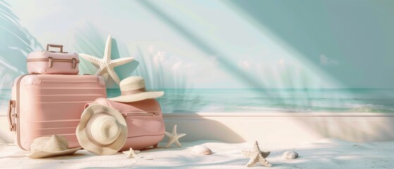 An illustration of a suitcase and beach accessories with sunlight over a pastel blue background. Summer travel concept. 3D render.