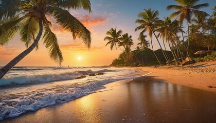 Obraz premium a serene sunset scene on a sandy beach, complete with gently swaying palm trees and the sound of waves crashing in the distance