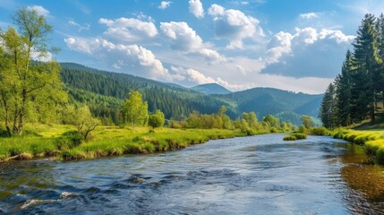Fototapeta na wymiar carpathian countryside scenery with river on a sunny day in spring. trees along shore and forest on the hill. mountainous landscape of ukraine beneath a blue sky with fluffy clouds