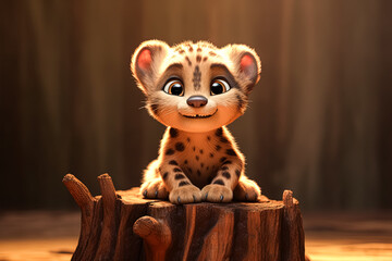 A cartoonish baby animal with a big smile on its face is sitting on a log - Powered by Adobe